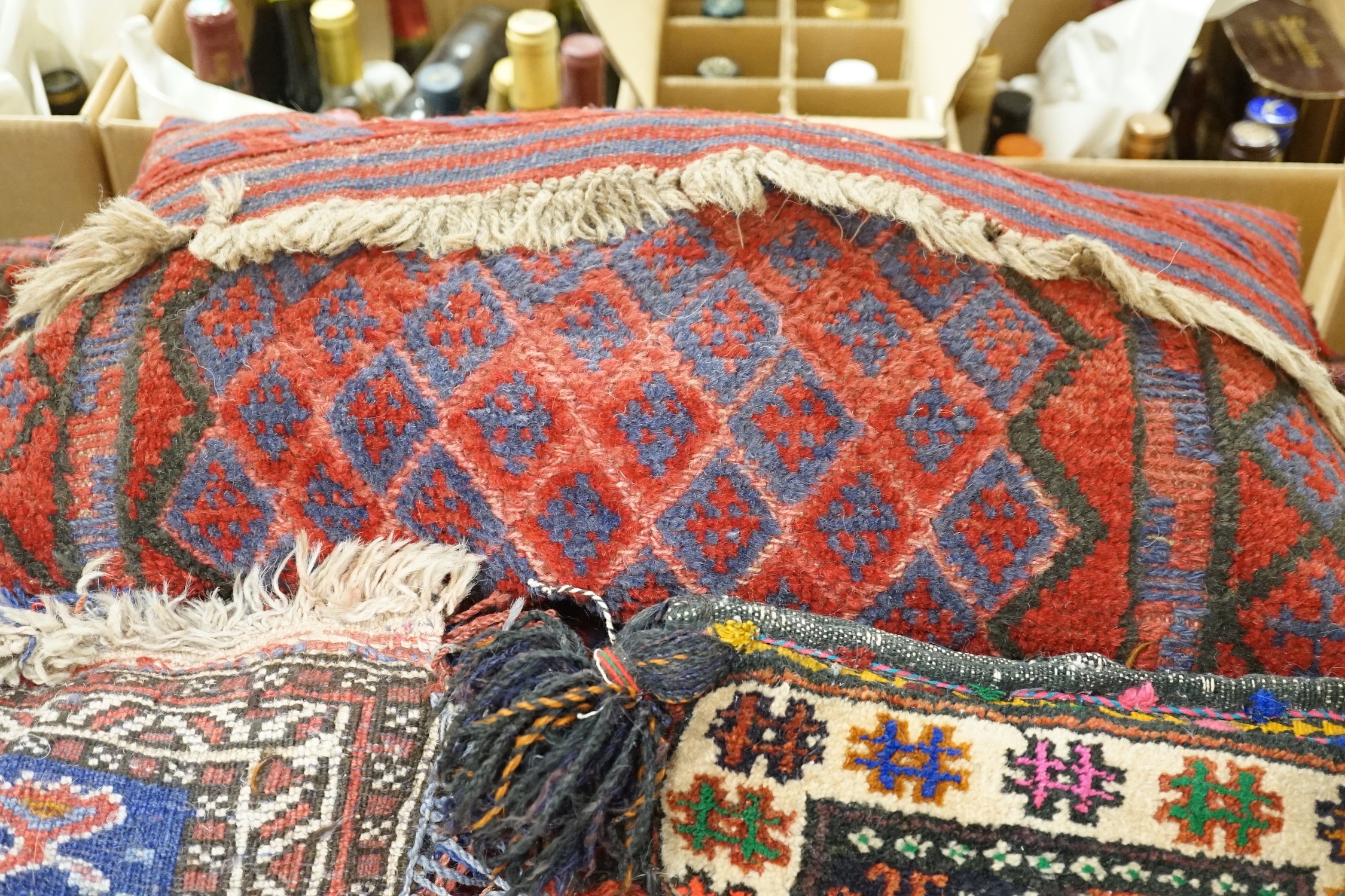 Five handmade Pakistani wool carpet cushions